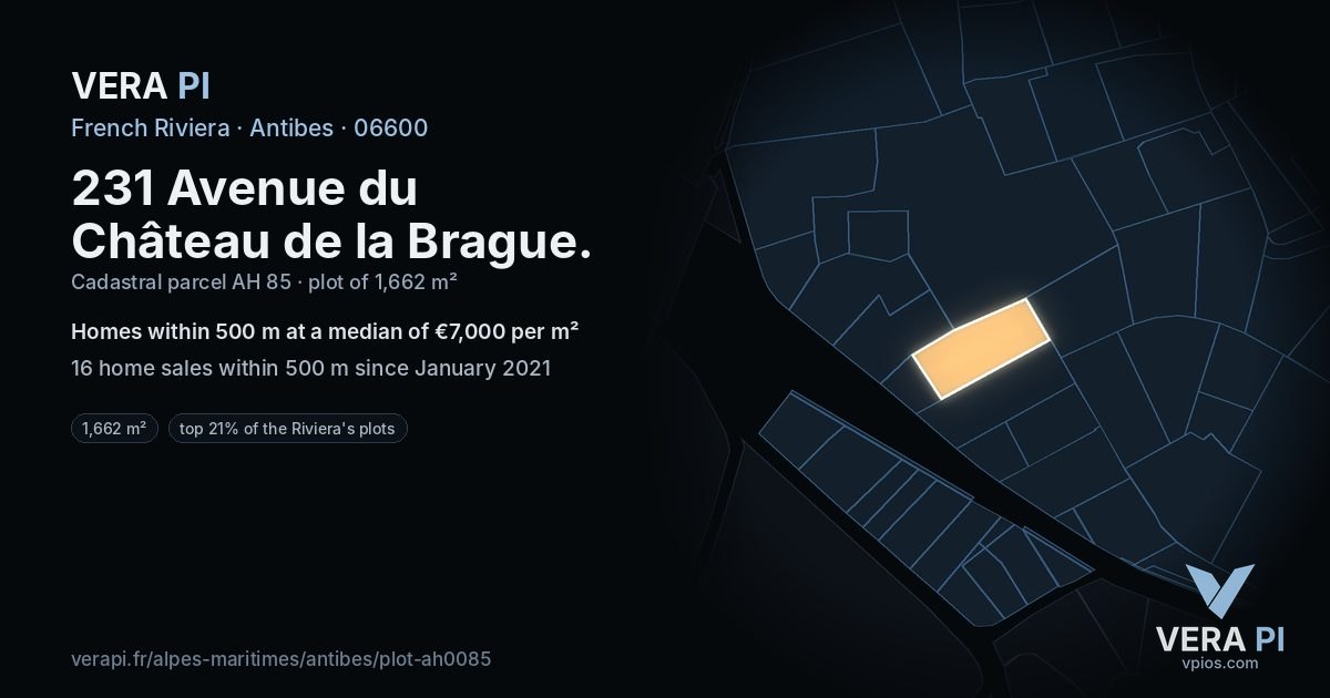 231 Avenue du Château de la Brague, Antibes at night – the plot lit, the parcels around coloured by the prices near them