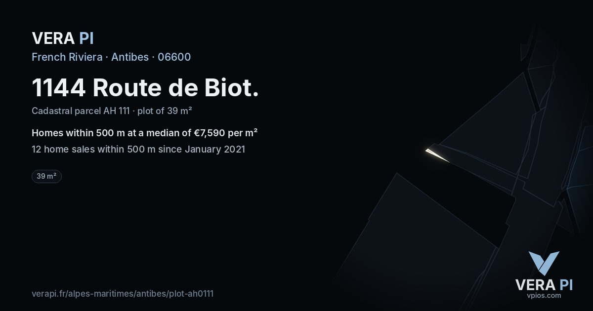 1144 Route de Biot, Antibes at night – the plot lit, the parcels around coloured by the prices near them