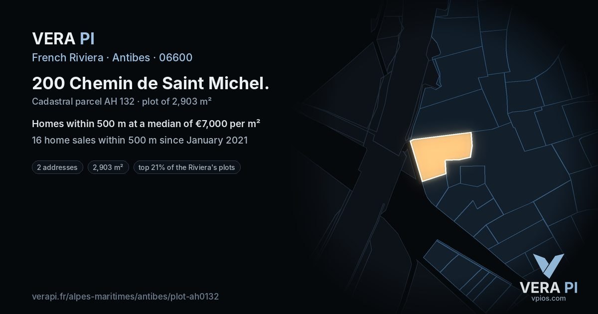 200 Chemin de Saint Michel, Antibes at night – the plot lit, the parcels around coloured by the prices near them