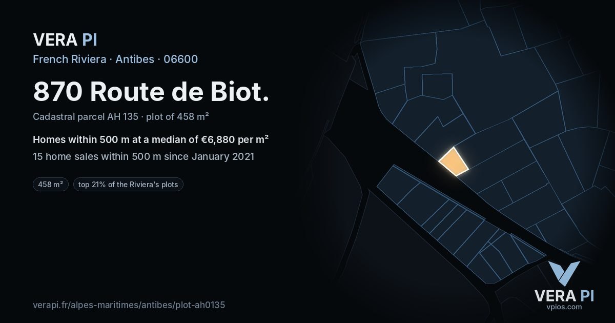 870 Route de Biot, Antibes at night – the plot lit, the parcels around coloured by the prices near them