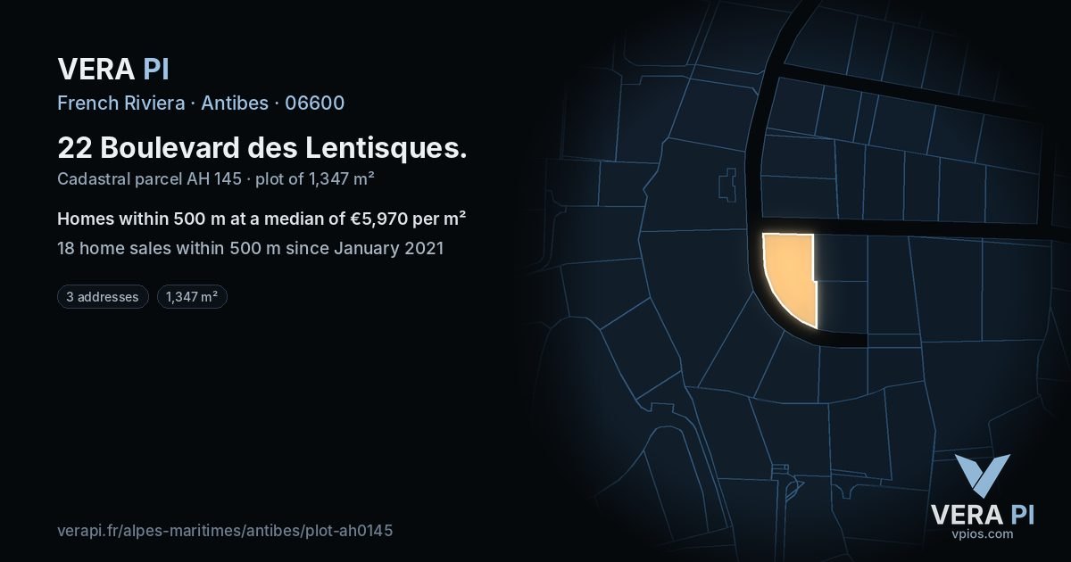 22 Boulevard des Lentisques, Antibes at night – the plot lit, the parcels around coloured by the prices near them
