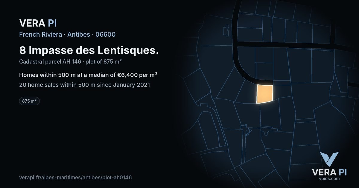 8 Impasse des Lentisques, Antibes at night – the plot lit, the parcels around coloured by the prices near them