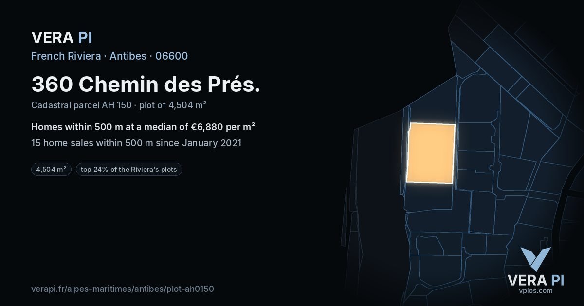 360 Chemin des Prés, Antibes at night – the plot lit, the parcels around coloured by the prices near them