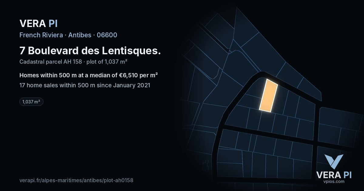 7 Boulevard des Lentisques, Antibes at night – the plot lit, the parcels around coloured by the prices near them