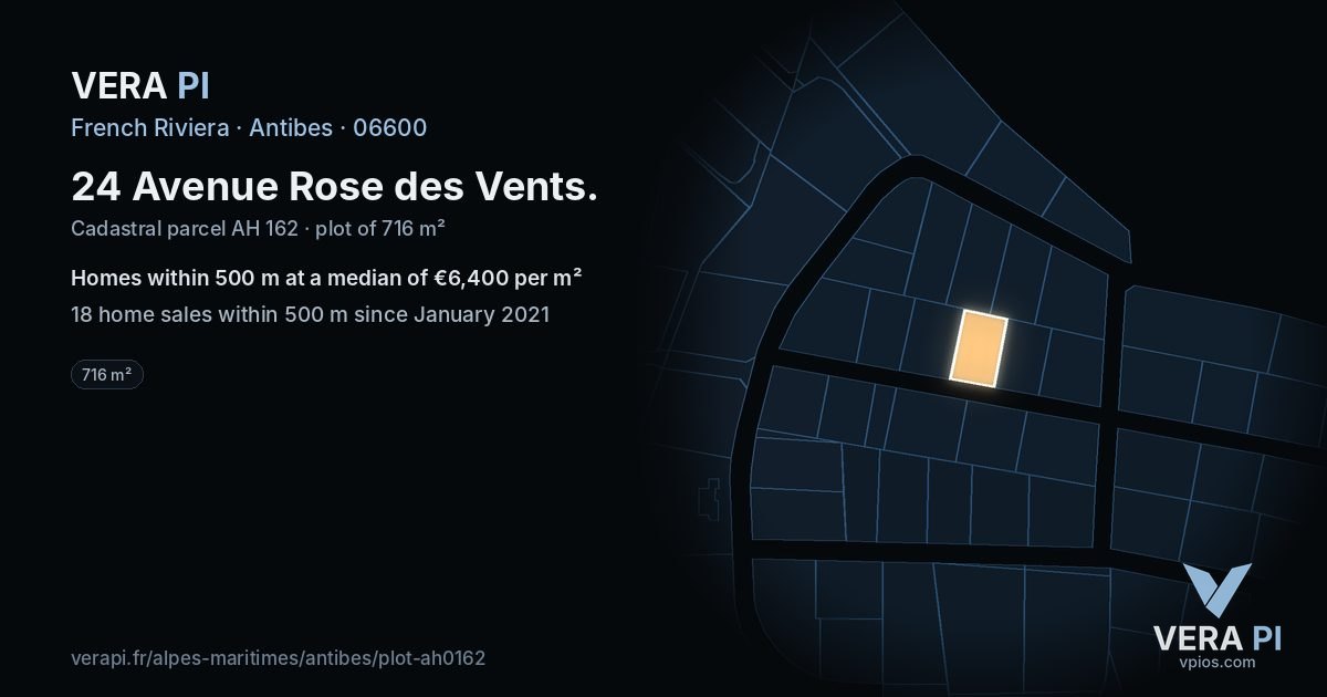 24 Avenue Rose des Vents, Antibes at night – the plot lit, the parcels around coloured by the prices near them