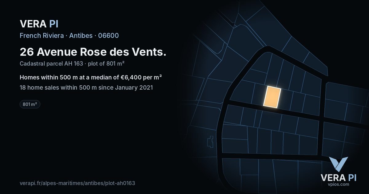 26 Avenue Rose des Vents, Antibes at night – the plot lit, the parcels around coloured by the prices near them