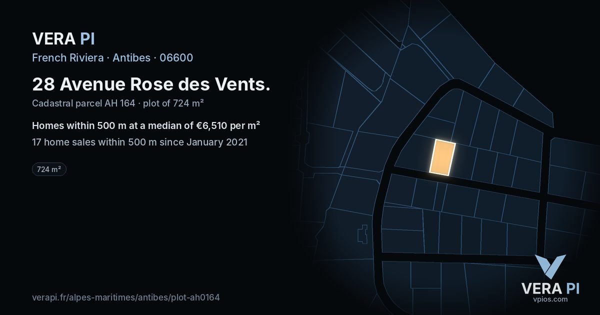 28 Avenue Rose des Vents, Antibes at night – the plot lit, the parcels around coloured by the prices near them