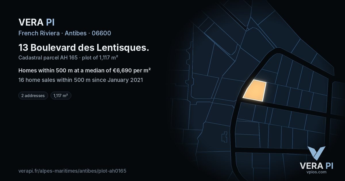 13 Boulevard des Lentisques, Antibes at night – the plot lit, the parcels around coloured by the prices near them