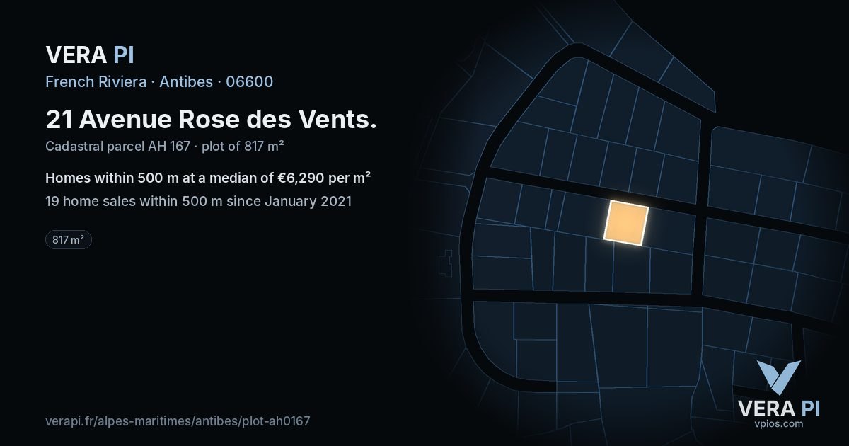 21 Avenue Rose des Vents, Antibes at night – the plot lit, the parcels around coloured by the prices near them