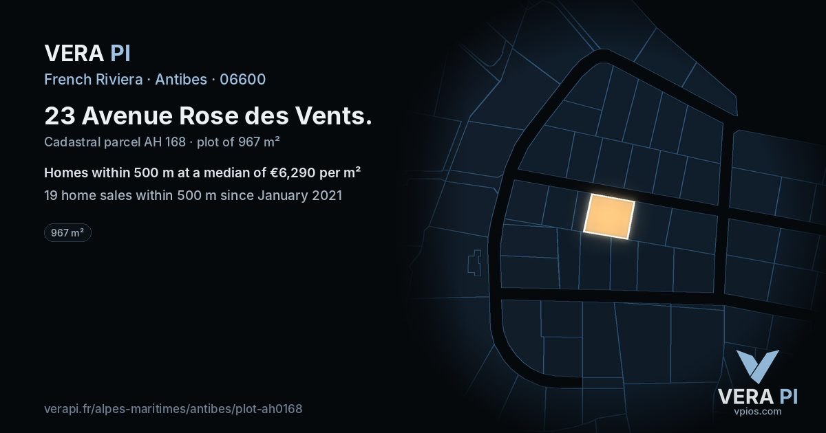 23 Avenue Rose des Vents, Antibes at night – the plot lit, the parcels around coloured by the prices near them