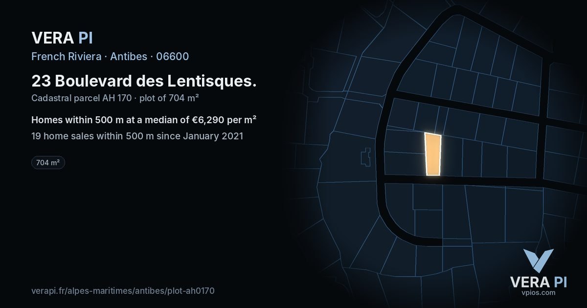23 Boulevard des Lentisques, Antibes at night – the plot lit, the parcels around coloured by the prices near them