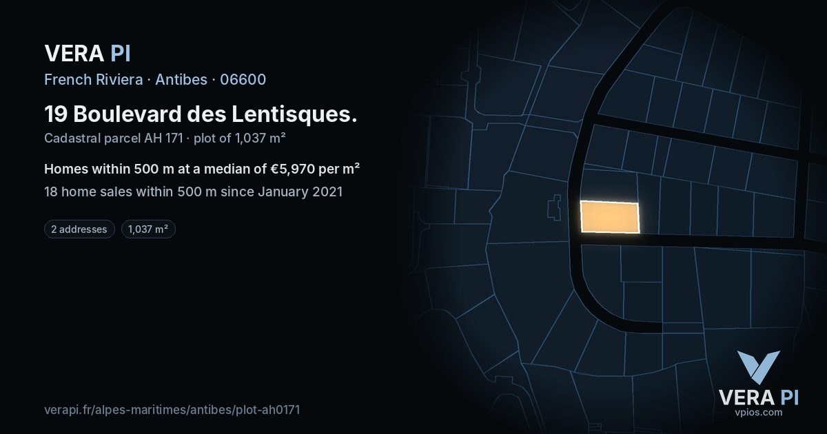 19 Boulevard des Lentisques, Antibes at night – the plot lit, the parcels around coloured by the prices near them
