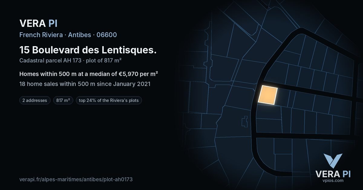 15 Boulevard des Lentisques, Antibes at night – the plot lit, the parcels around coloured by the prices near them