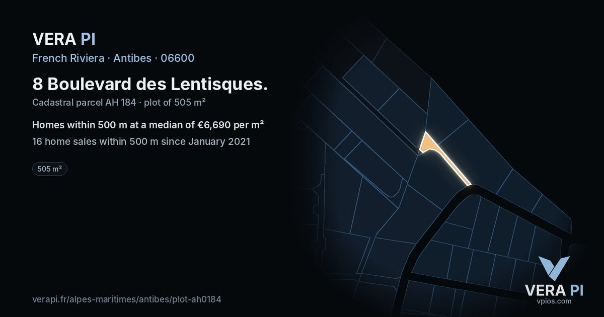 8 Boulevard des Lentisques, Antibes at night – the plot lit, the parcels around coloured by the prices near them