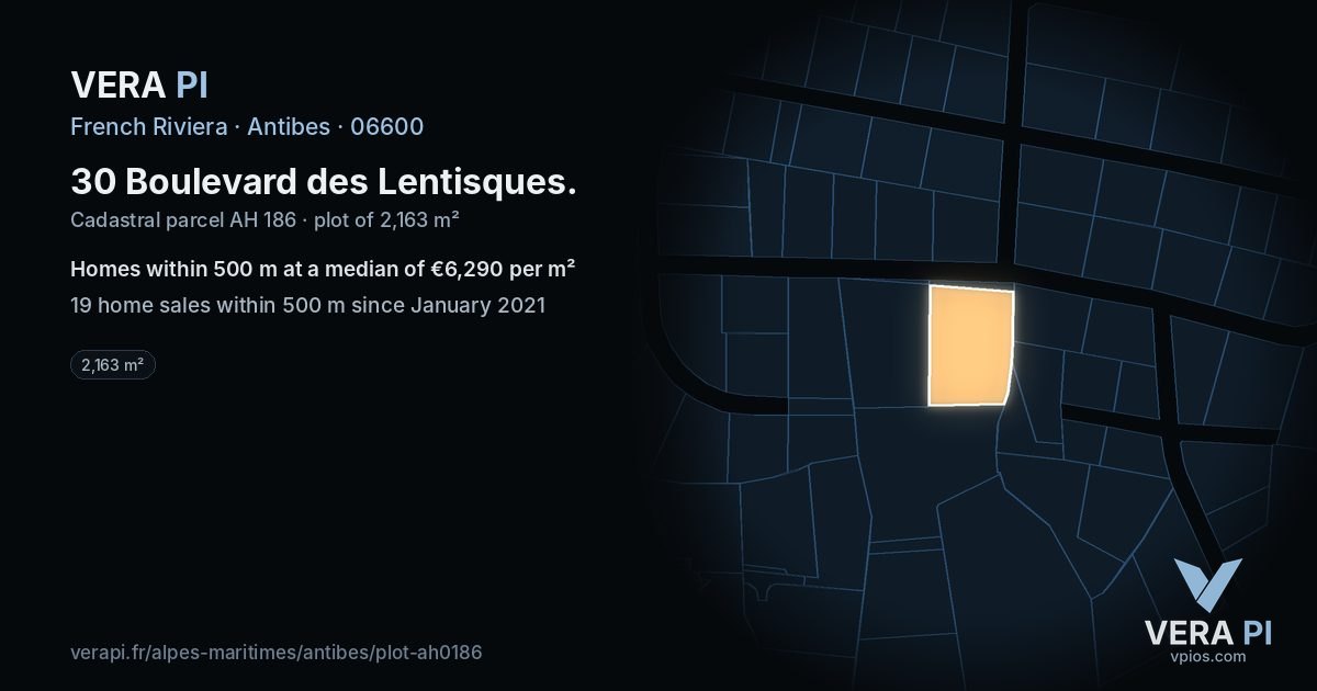 30 Boulevard des Lentisques, Antibes at night – the plot lit, the parcels around coloured by the prices near them