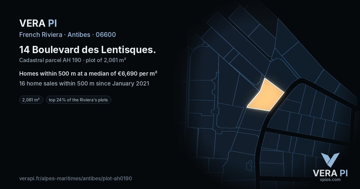 14 Boulevard des Lentisques, Antibes at night – the plot lit, the parcels around coloured by the prices near them
