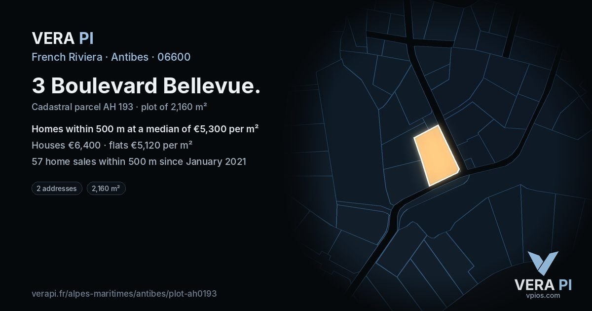 3 Boulevard Bellevue, Antibes at night – the plot lit, the parcels around coloured by the prices near them