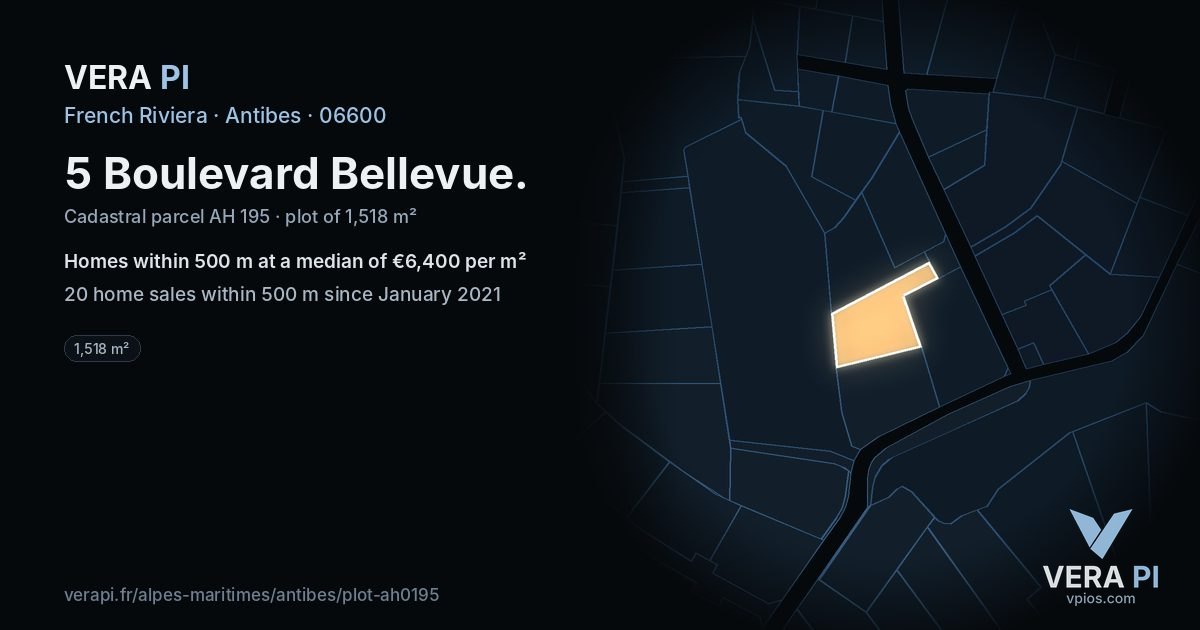 5 Boulevard Bellevue, Antibes at night – the plot lit, the parcels around coloured by the prices near them