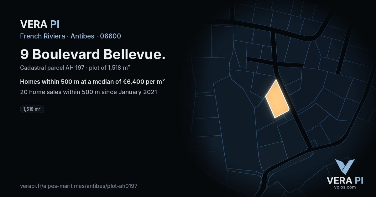 9 Boulevard Bellevue, Antibes at night – the plot lit, the parcels around coloured by the prices near them