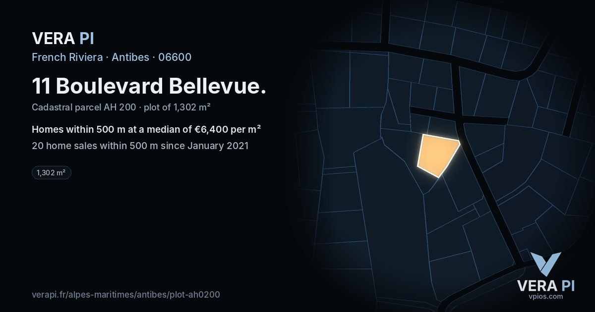 11 Boulevard Bellevue, Antibes at night – the plot lit, the parcels around coloured by the prices near them