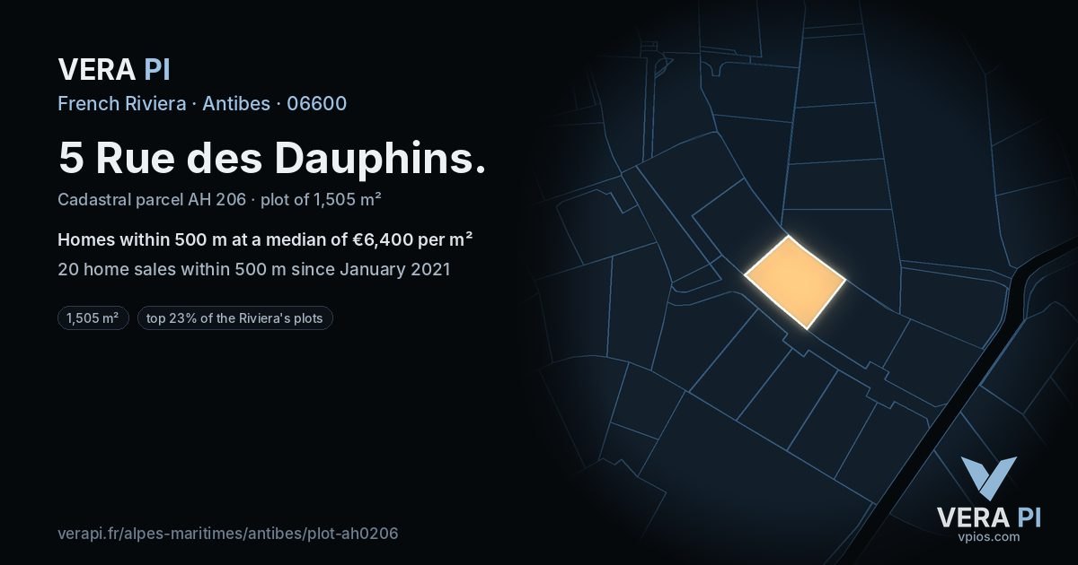 5 Rue des Dauphins, Antibes at night – the plot lit, the parcels around coloured by the prices near them