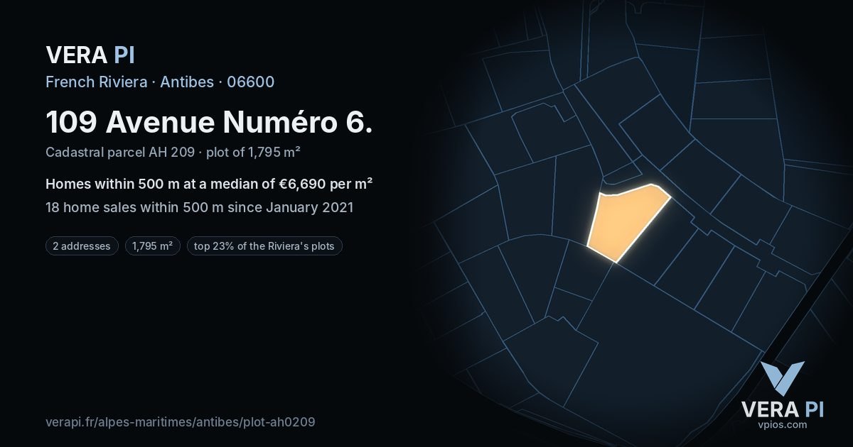 109 Avenue Numéro 6, Antibes at night – the plot lit, the parcels around coloured by the prices near them