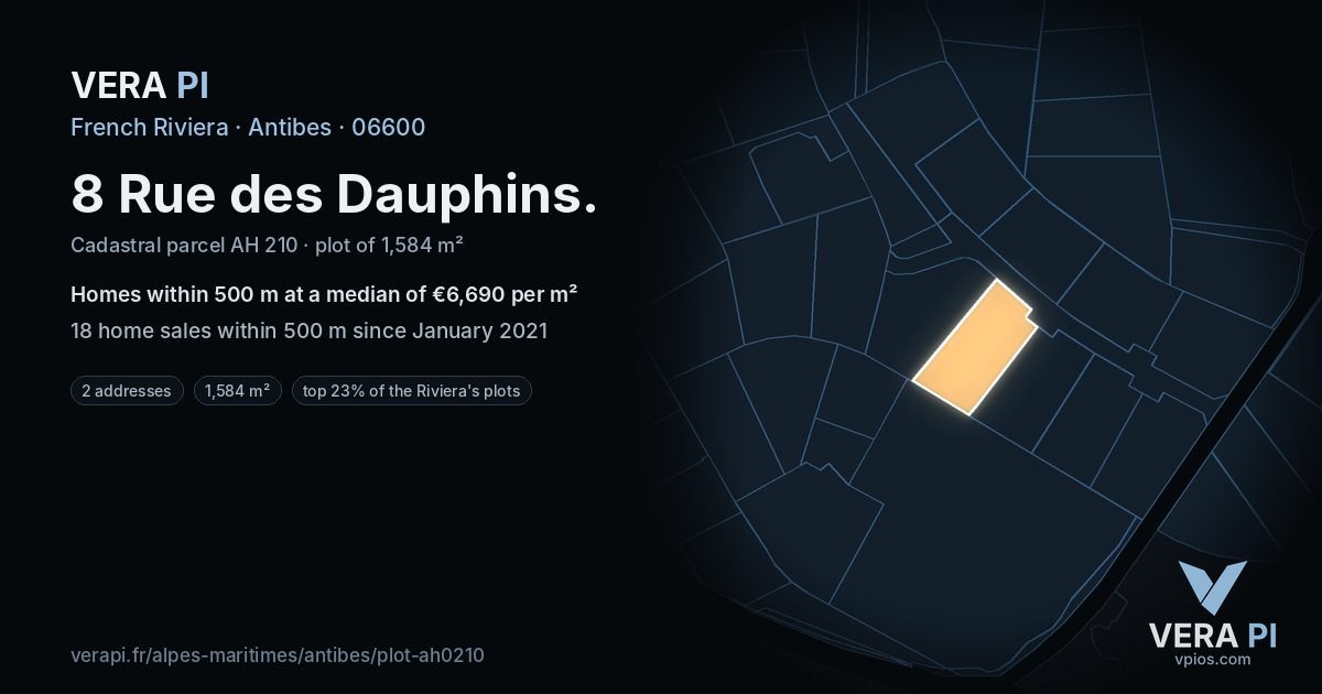 8 Rue des Dauphins, Antibes at night – the plot lit, the parcels around coloured by the prices near them
