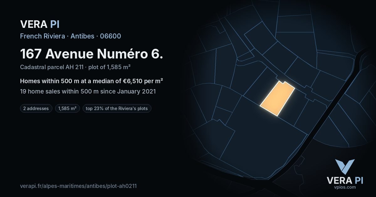167 Avenue Numéro 6, Antibes at night – the plot lit, the parcels around coloured by the prices near them