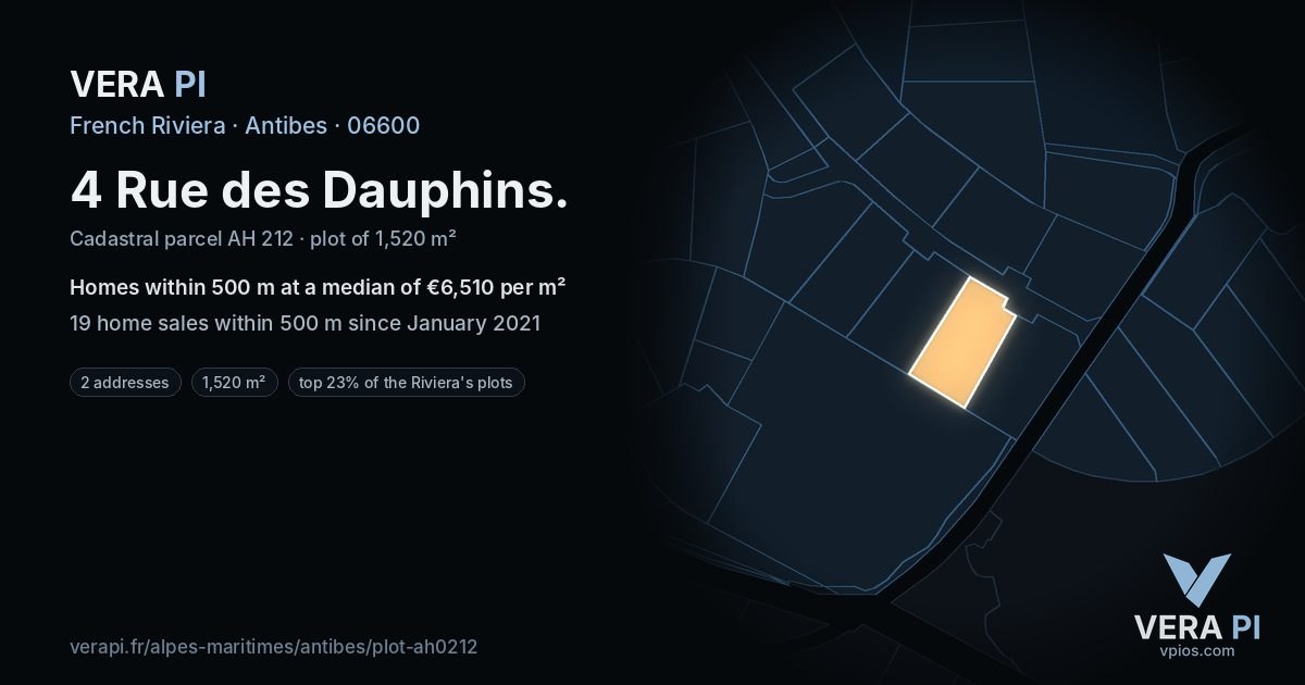 4 Rue des Dauphins, Antibes at night – the plot lit, the parcels around coloured by the prices near them