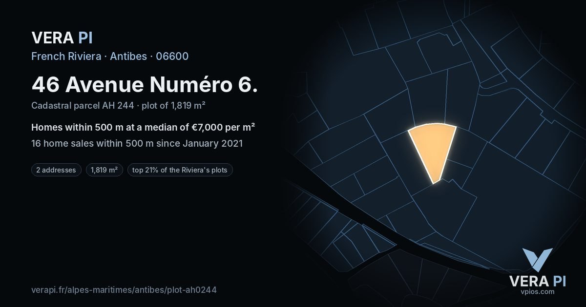 46 Avenue Numéro 6, Antibes at night – the plot lit, the parcels around coloured by the prices near them
