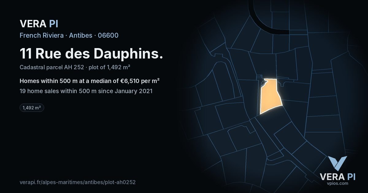 11 Rue des Dauphins, Antibes at night – the plot lit, the parcels around coloured by the prices near them