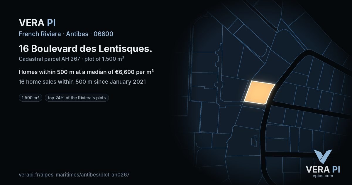 16 Boulevard des Lentisques, Antibes at night – the plot lit, the parcels around coloured by the prices near them