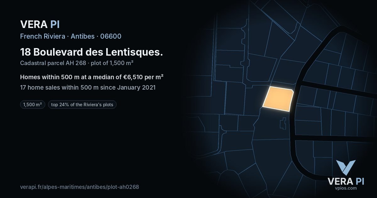 18 Boulevard des Lentisques, Antibes at night – the plot lit, the parcels around coloured by the prices near them