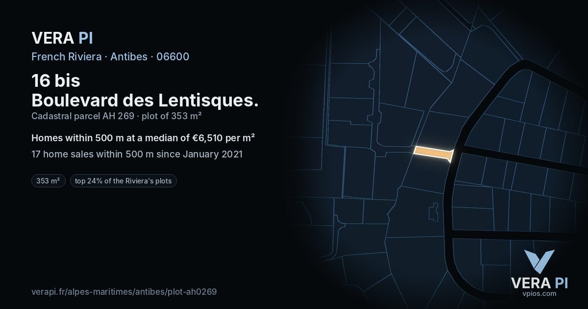 16 bis Boulevard des Lentisques, Antibes at night – the plot lit, the parcels around coloured by the prices near them