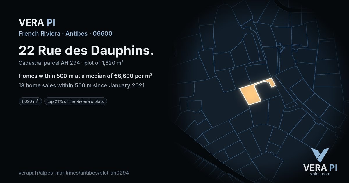 22 Rue des Dauphins, Antibes at night – the plot lit, the parcels around coloured by the prices near them