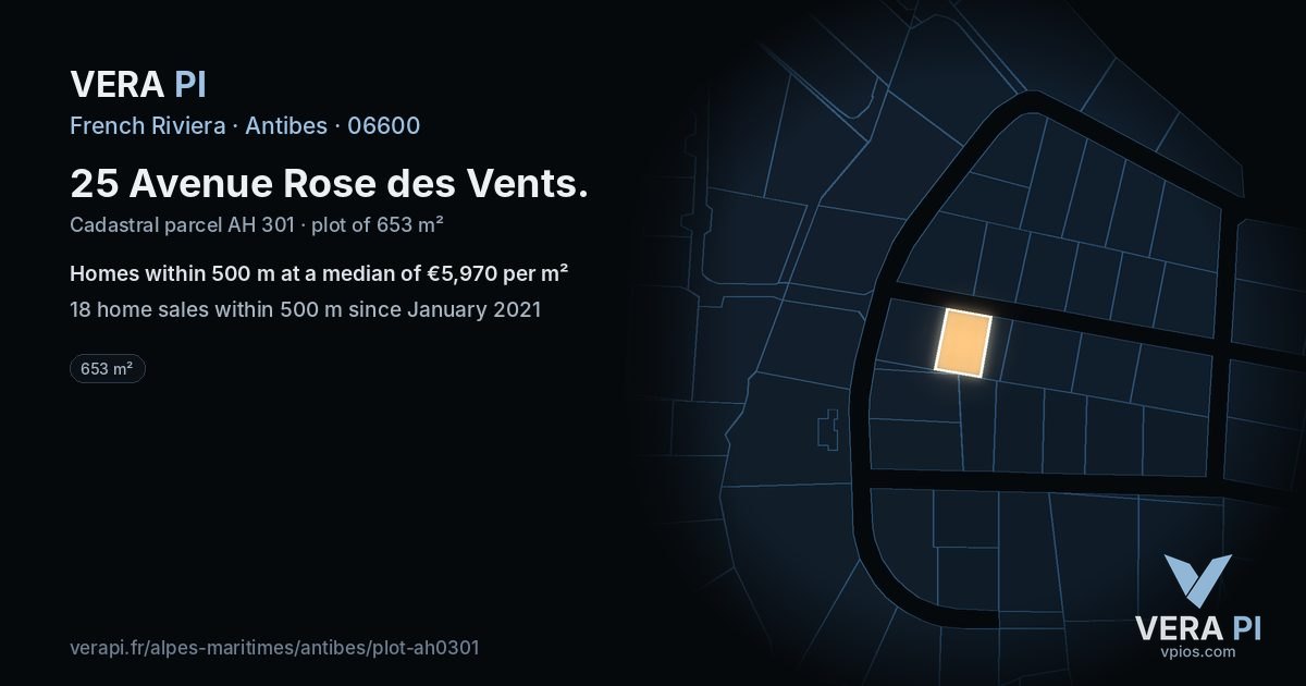 25 Avenue Rose des Vents, Antibes at night – the plot lit, the parcels around coloured by the prices near them