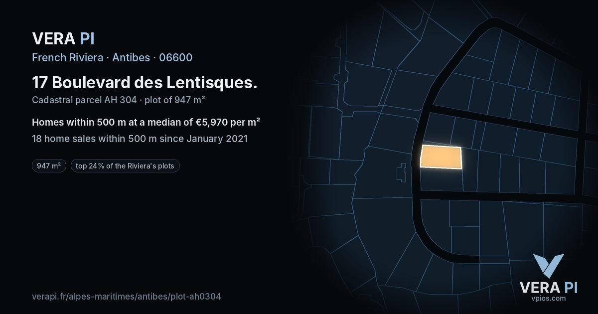 17 Boulevard des Lentisques, Antibes at night – the plot lit, the parcels around coloured by the prices near them