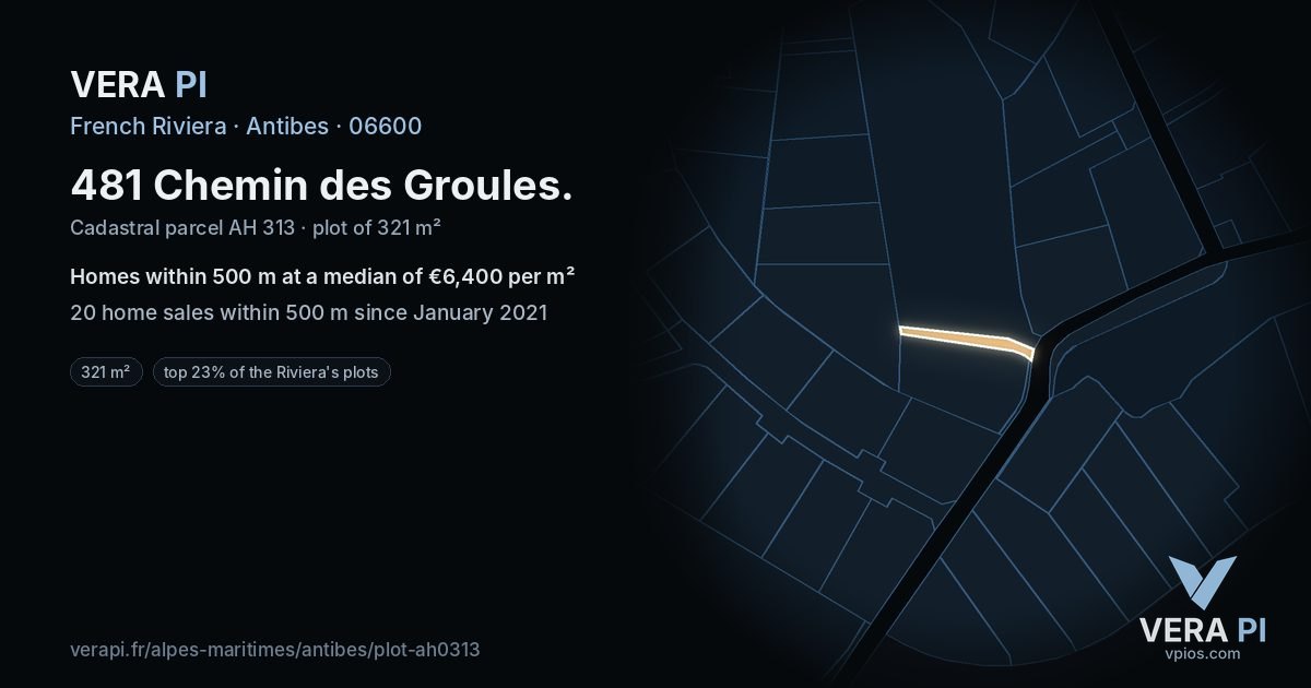 481 Chemin des Groules, Antibes at night – the plot lit, the parcels around coloured by the prices near them