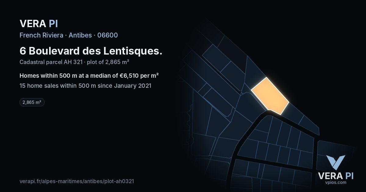 6 Boulevard des Lentisques, Antibes at night – the plot lit, the parcels around coloured by the prices near them