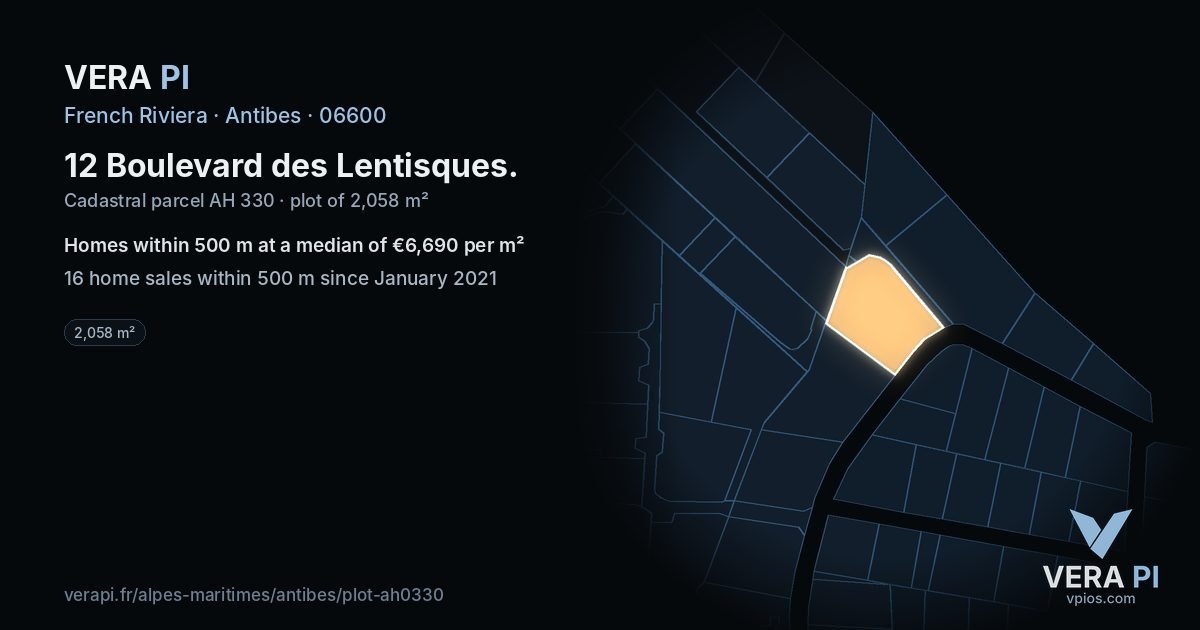 12 Boulevard des Lentisques, Antibes at night – the plot lit, the parcels around coloured by the prices near them