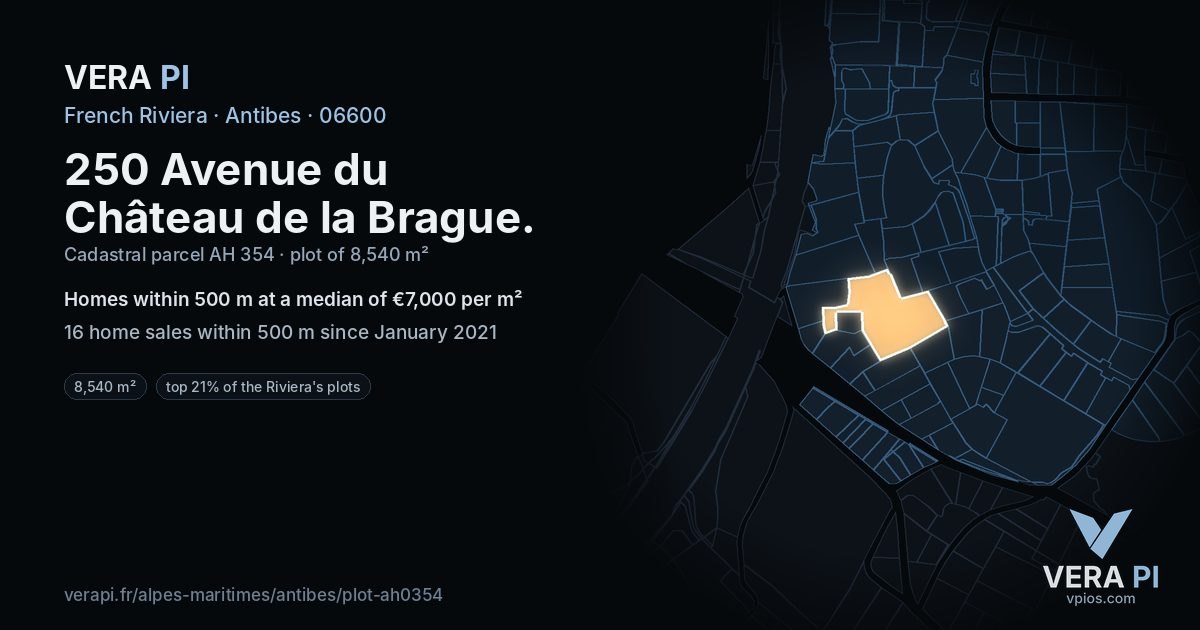 250 Avenue du Château de la Brague, Antibes at night – the plot lit, the parcels around coloured by the prices near them