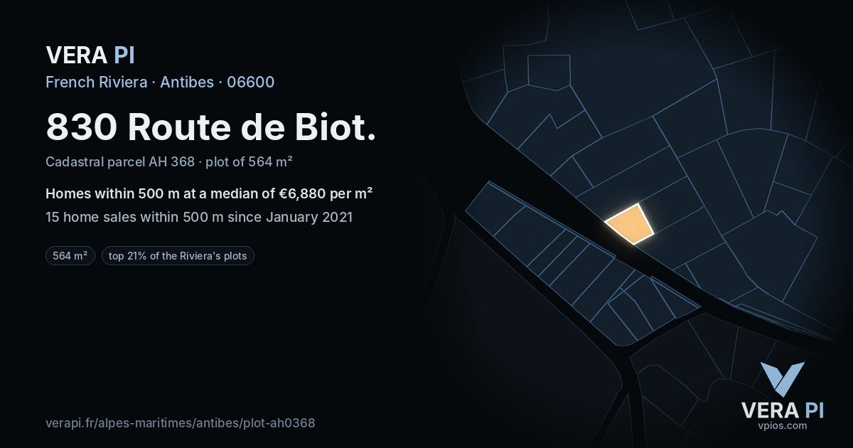 830 Route de Biot, Antibes at night – the plot lit, the parcels around coloured by the prices near them