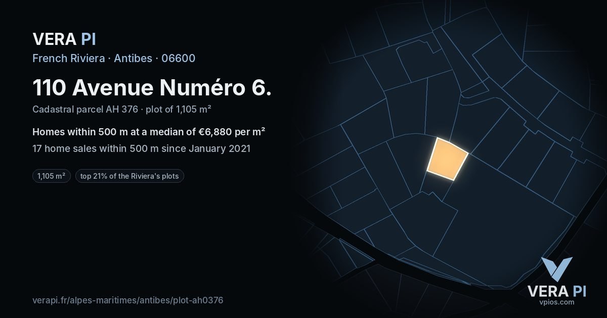 110 Avenue Numéro 6, Antibes at night – the plot lit, the parcels around coloured by the prices near them
