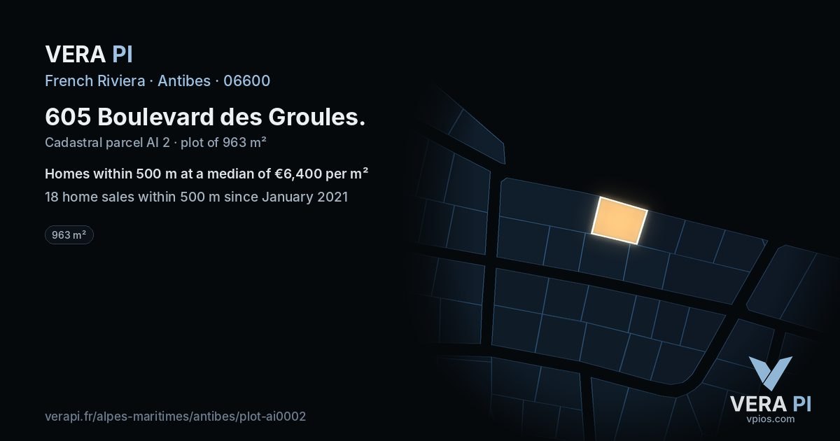 605 Boulevard des Groules, Antibes at night – the plot lit, the parcels around coloured by the prices near them