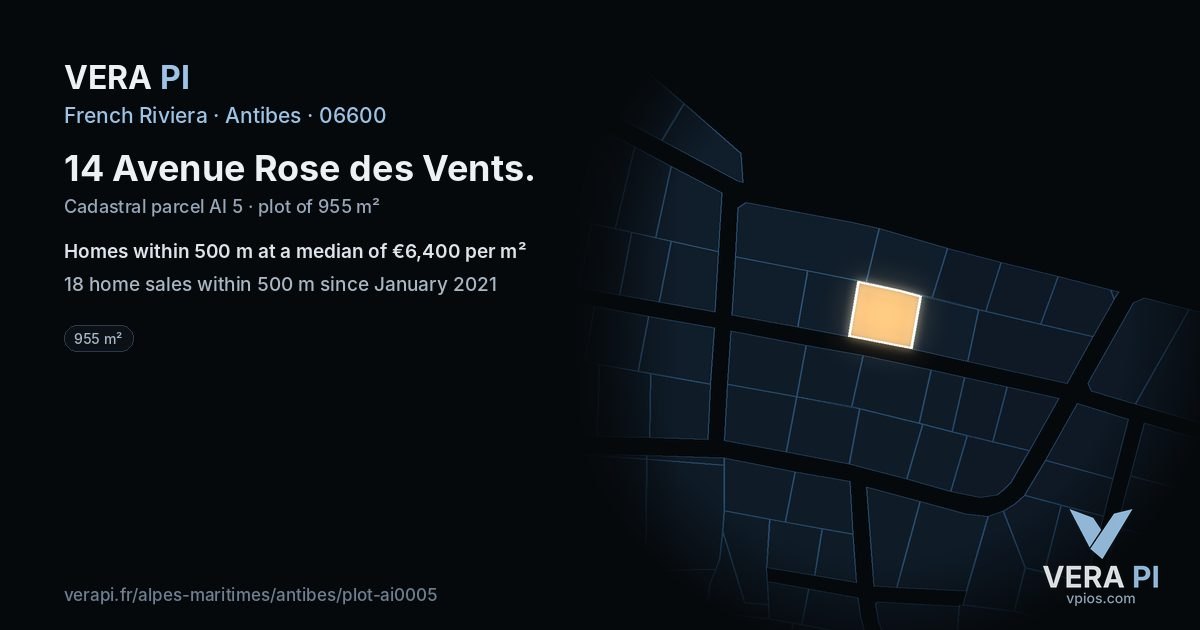14 Avenue Rose des Vents, Antibes at night – the plot lit, the parcels around coloured by the prices near them
