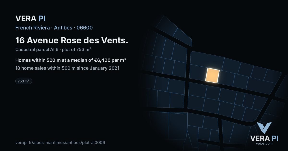 16 Avenue Rose des Vents, Antibes at night – the plot lit, the parcels around coloured by the prices near them