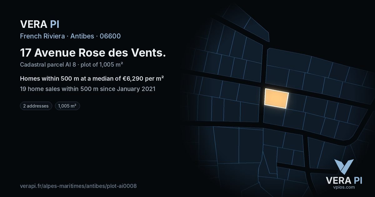 17 Avenue Rose des Vents, Antibes at night – the plot lit, the parcels around coloured by the prices near them