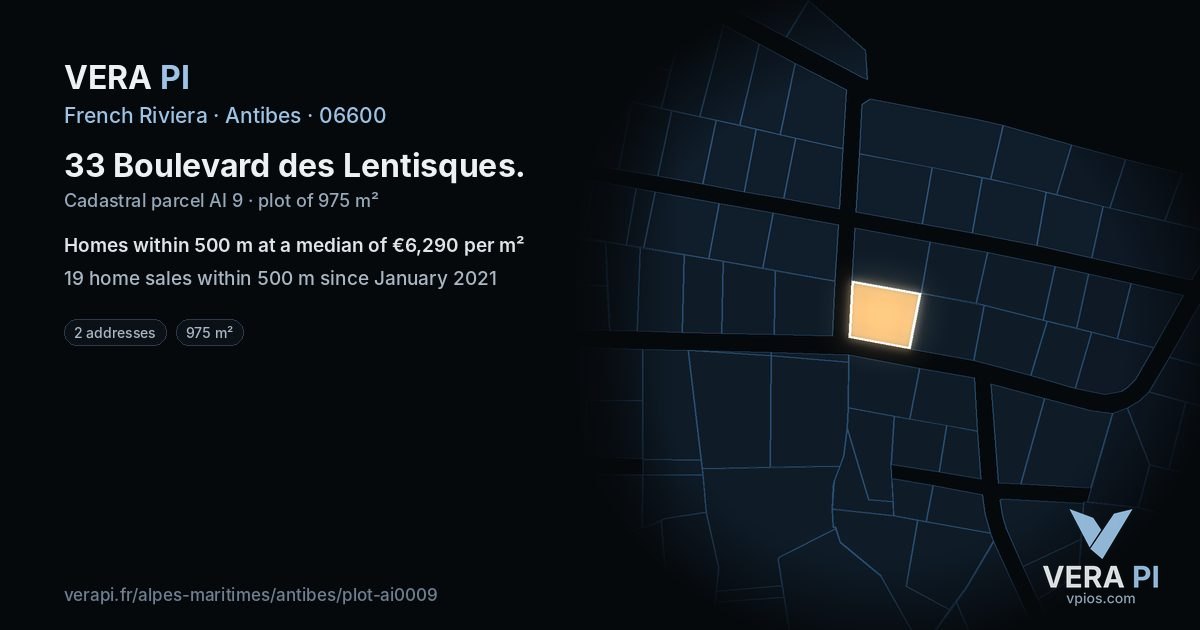 33 Boulevard des Lentisques, Antibes at night – the plot lit, the parcels around coloured by the prices near them