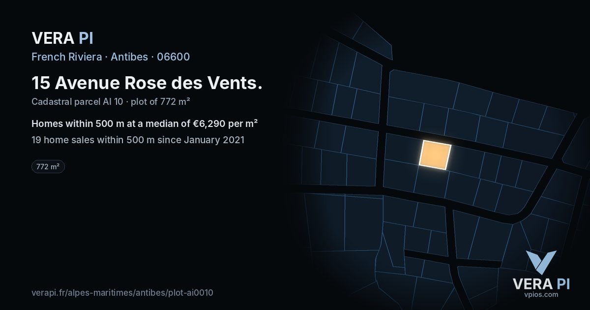 15 Avenue Rose des Vents, Antibes at night – the plot lit, the parcels around coloured by the prices near them
