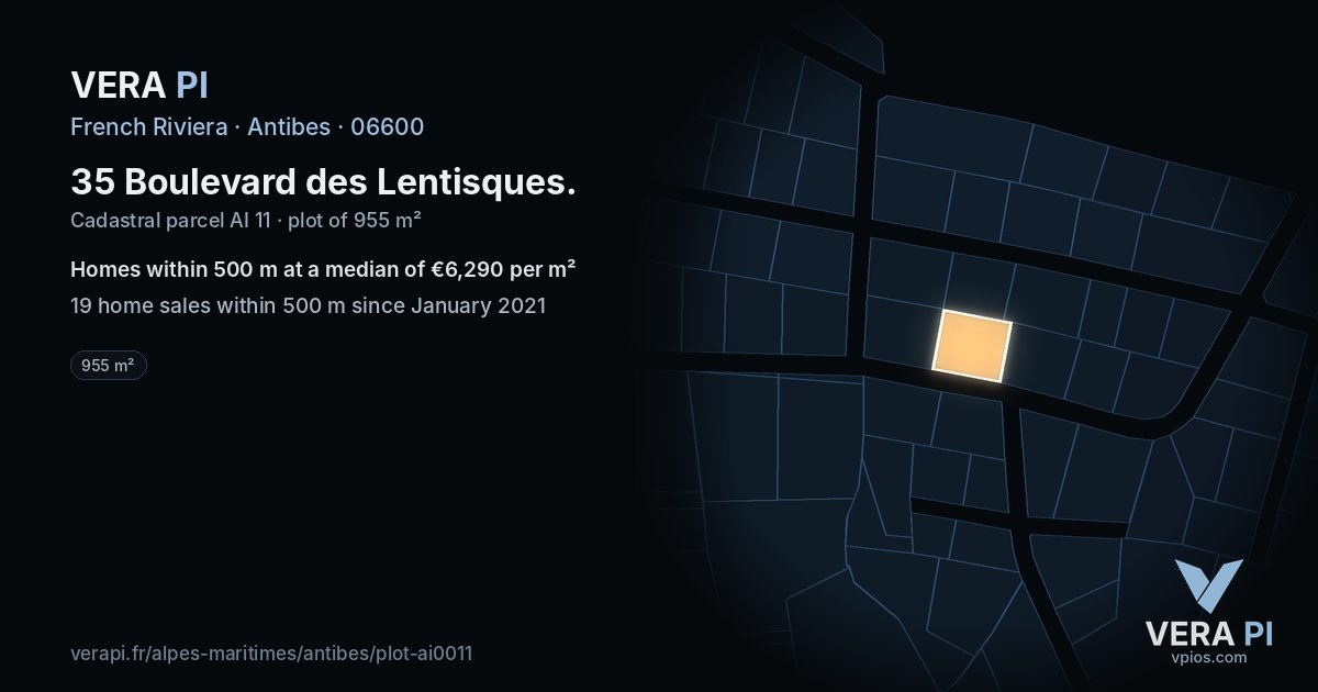 35 Boulevard des Lentisques, Antibes at night – the plot lit, the parcels around coloured by the prices near them